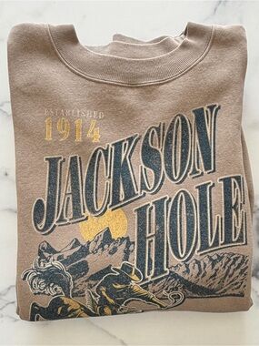 State of Mind Jackson Hole Graphic Sweatshirt - Tan with Navy & Gold Print